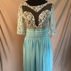 Sheer Lacy Light Blue Floor Length Gown
